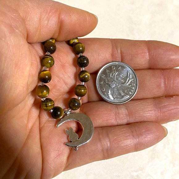 Tigers Eye Silver Cat on the Moon Necklace, Genuine Gemstone Beaded Necklace - Picture 10 of 10